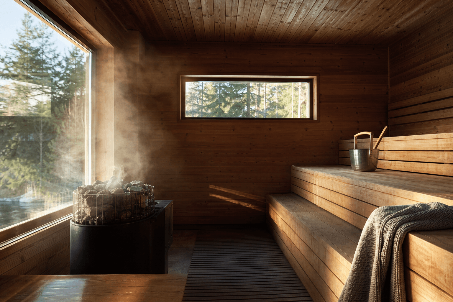 A warm wood-lined sauna with soft light and steam rising gently from the heater