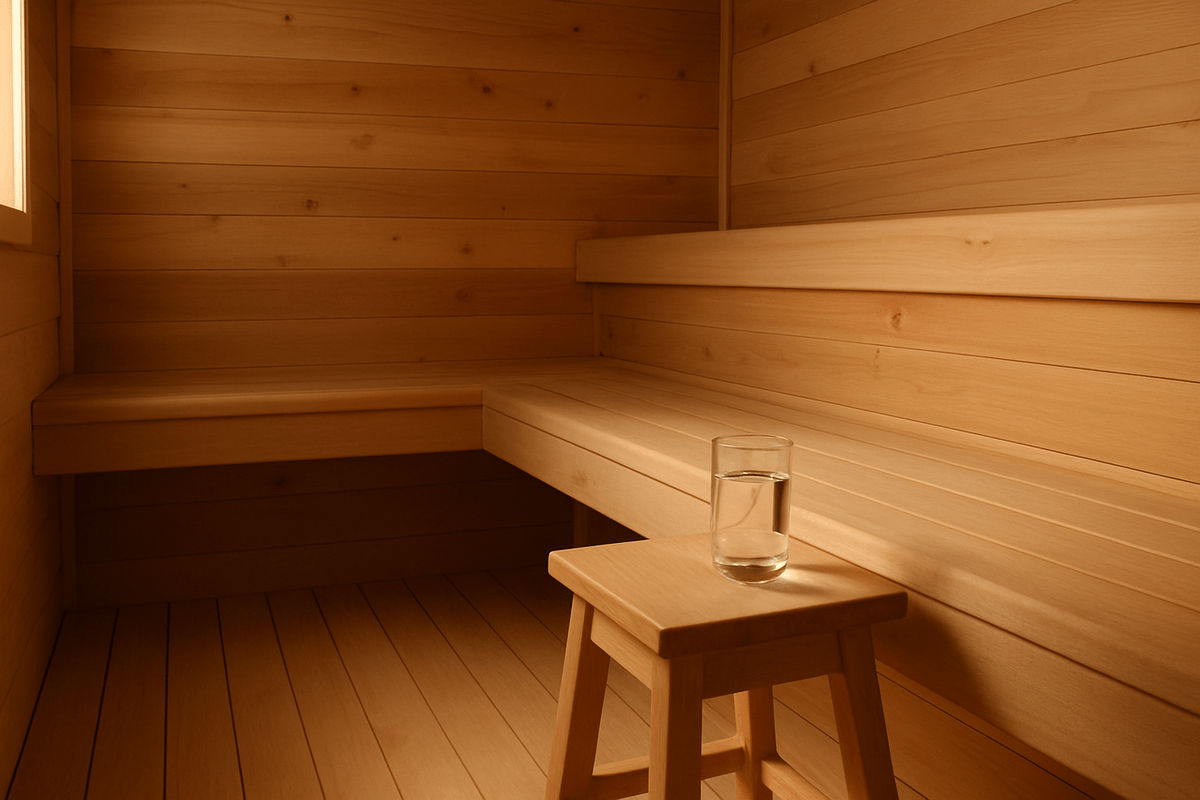 A quiet cedar sauna bench with a glass of water on a wooden stool in warm light