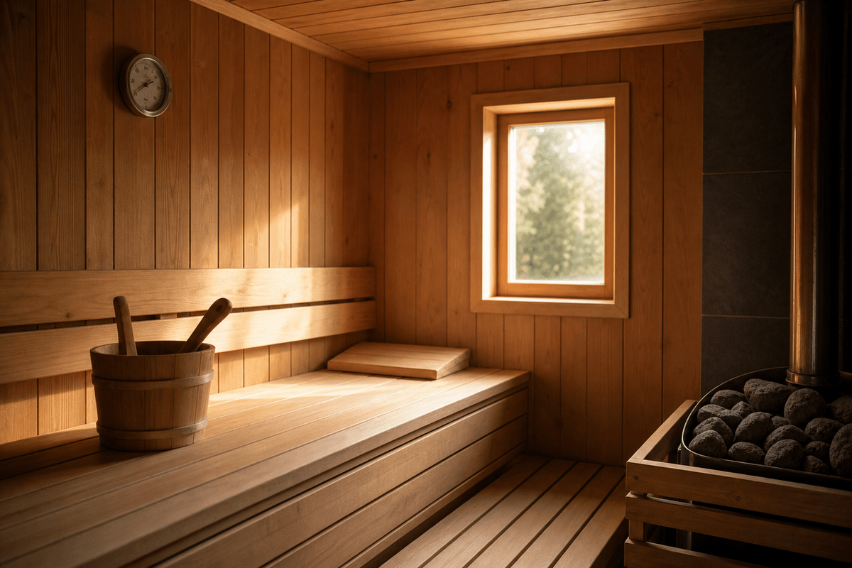 An empty sauna with a thermometer on the wall and warm light through a small window