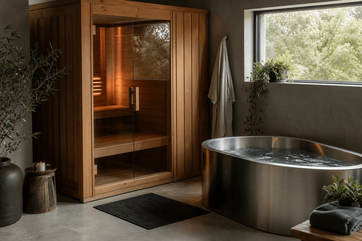 A wooden sauna cabin beside a stainless cold plunge tub in a calm studio, warm and cool tones side by side