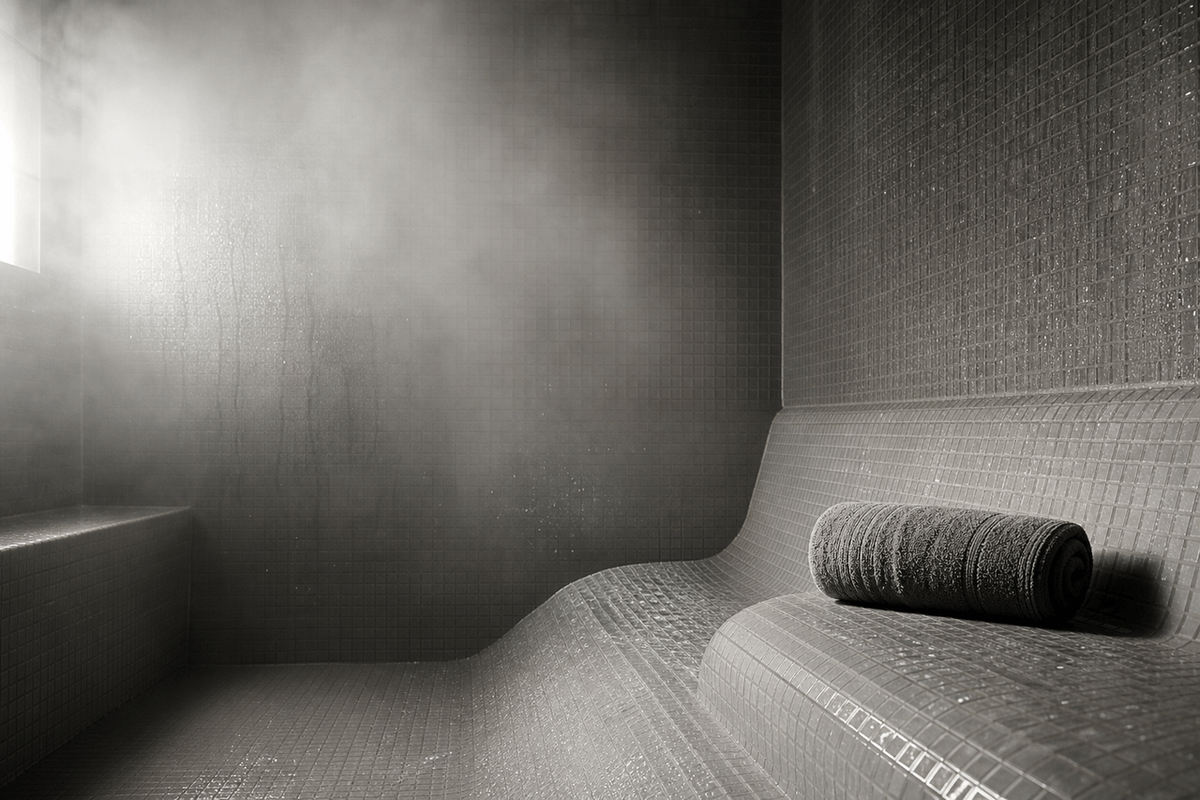 A steam room bench with condensation on tiled walls and soft diffused light