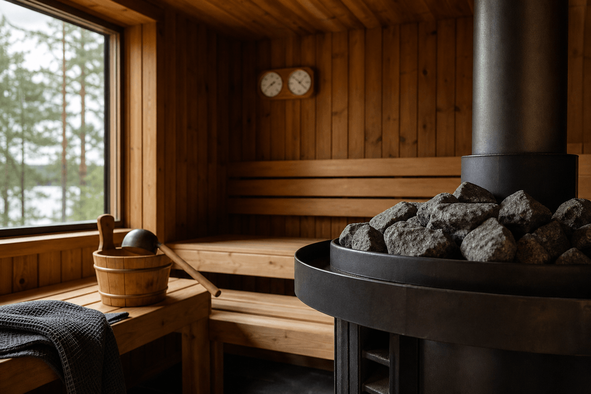 A wooden sauna interior with a stove, stones, ladle and a wall thermometer and hygrometer