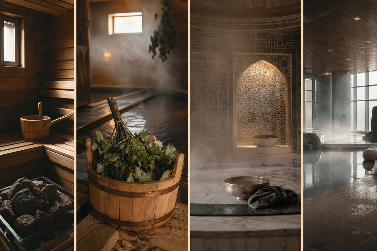 A collage-like calm interior of a tiled bathhouse with steam, wood, and warm light