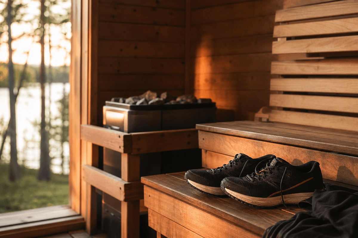 A wooden sauna interior beside a pair of running shoes on a bench, warm evening light