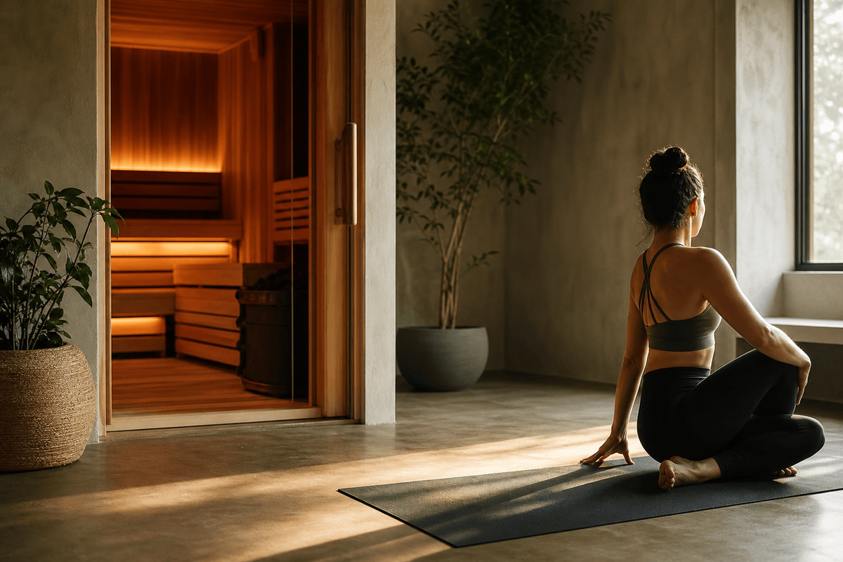 A yoga mat rolled out in a warm studio beside a doorway leading to a wooden sauna
