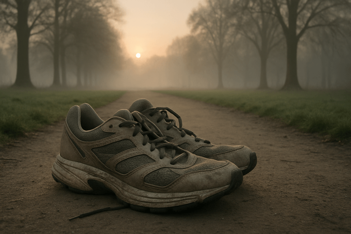 Running shoes on a park path at dawn, with no people, branding or text in frame