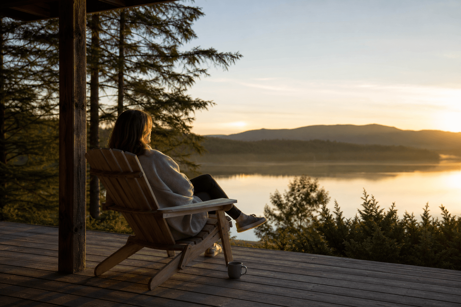 A person sitting alone and content on a quiet deck looking out at calm nature at sunrise