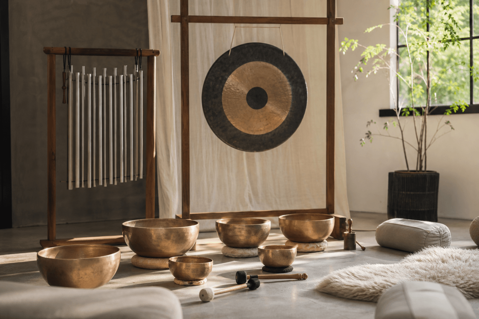 Singing bowls, chimes, and a gong arranged on a calm studio floor with soft light and a few cushions