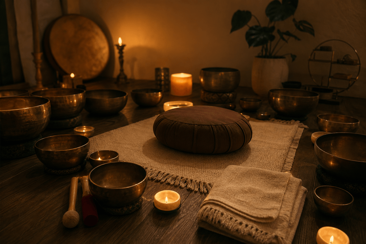 A dim room with singing bowls arranged around a cushion and blanket, warm low light