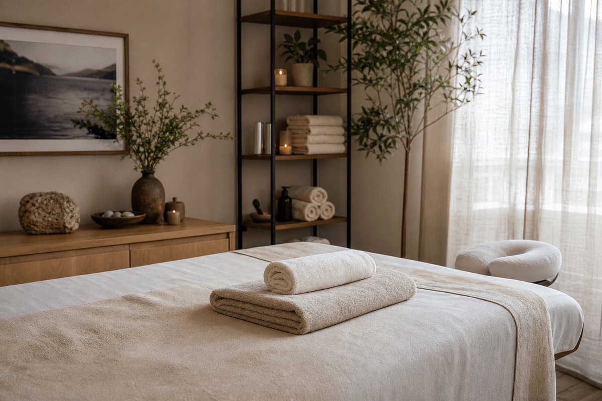 A quiet massage room with a made table, folded towels, and soft daylight through a linen curtain