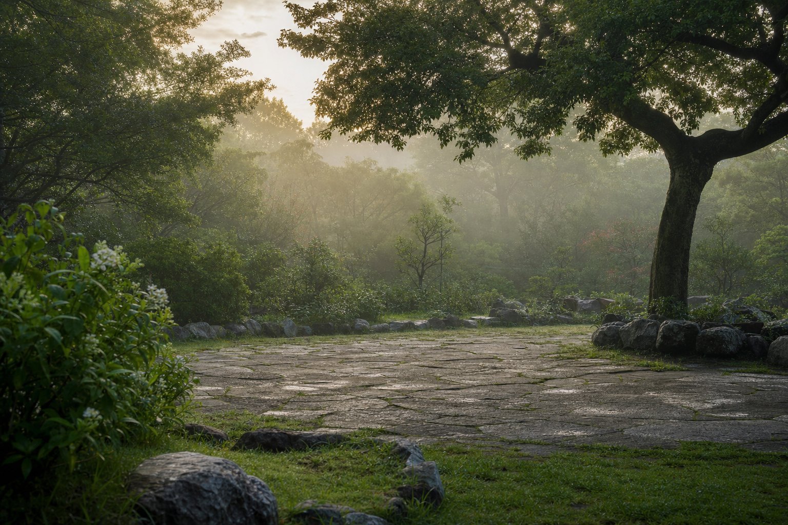 A calm outdoor setting with soft morning light, suited to slow movement practice