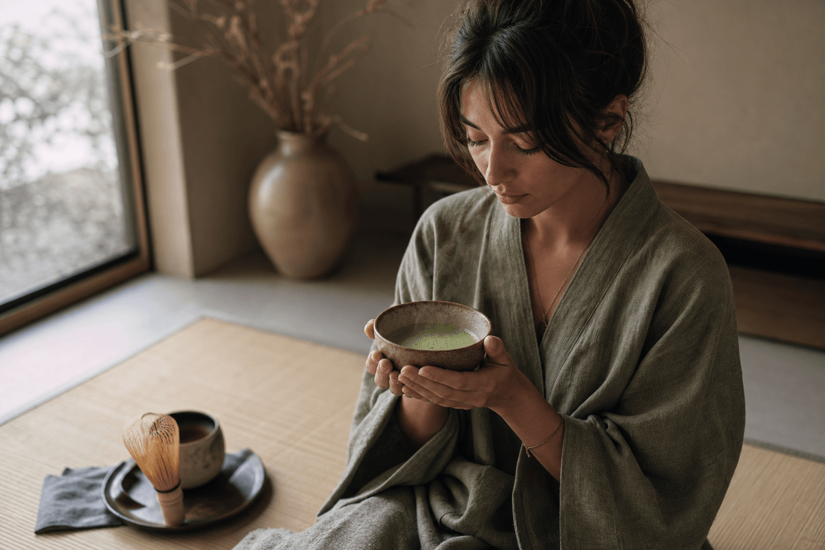 A person in a calm, minimalist room holding a ceramic bowl of matcha with both hands, steam rising, natural light from a window, tatami mat and bamboo whisk nearby