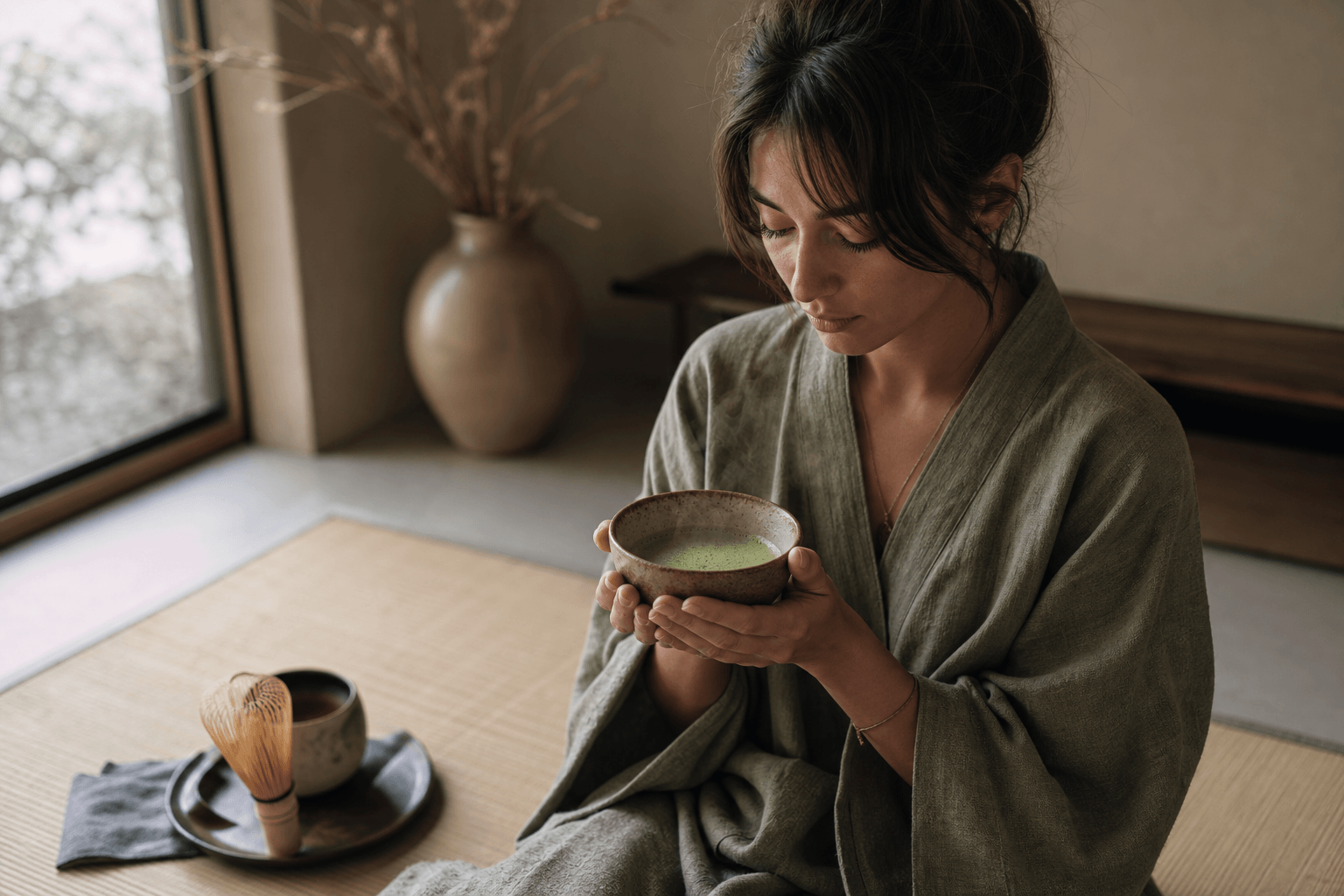 A person in a calm, minimalist room holding a ceramic bowl of matcha with both hands, steam rising, natural light from a window, tatami mat and bamboo whisk nearby