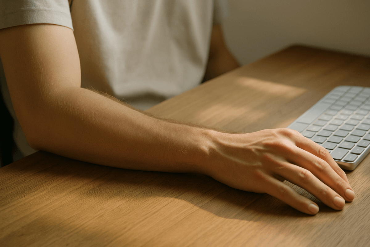 A forearm resting on a wooden desk beside a keyboard