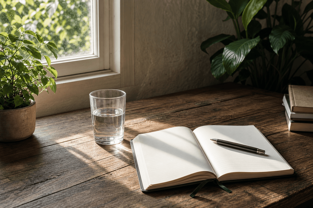 A calm figure-free study desk with a notebook, a glass of water and morning light