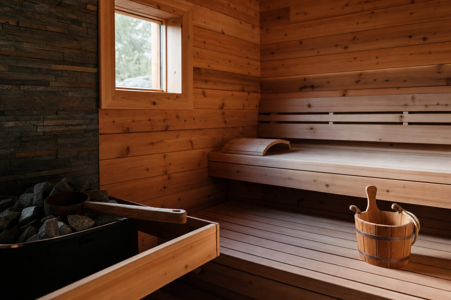 A warm cedar sauna interior with soft light