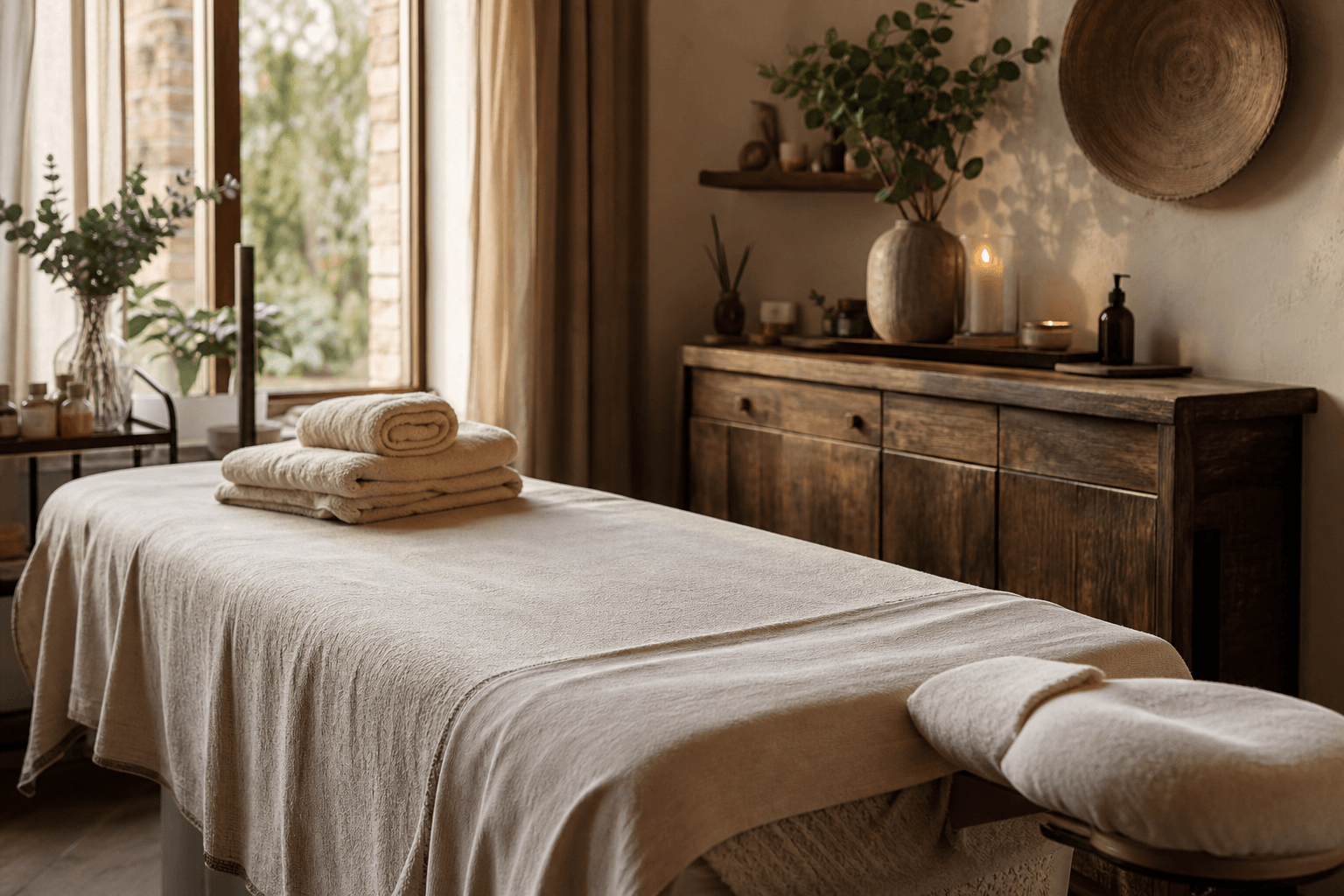 A calm massage room with a clean table, folded towels, and warm natural light