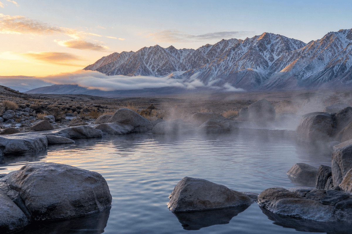 A steaming natural hot spring pool among rocks with mountains behind at dawn