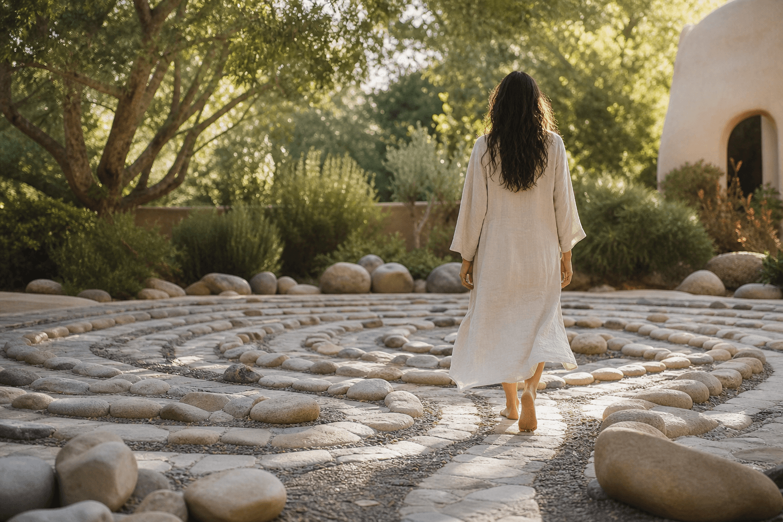 A person walking barefoot along a stone labyrinth path in a quiet garden, soft morning light filtering through trees, serene and unhurried