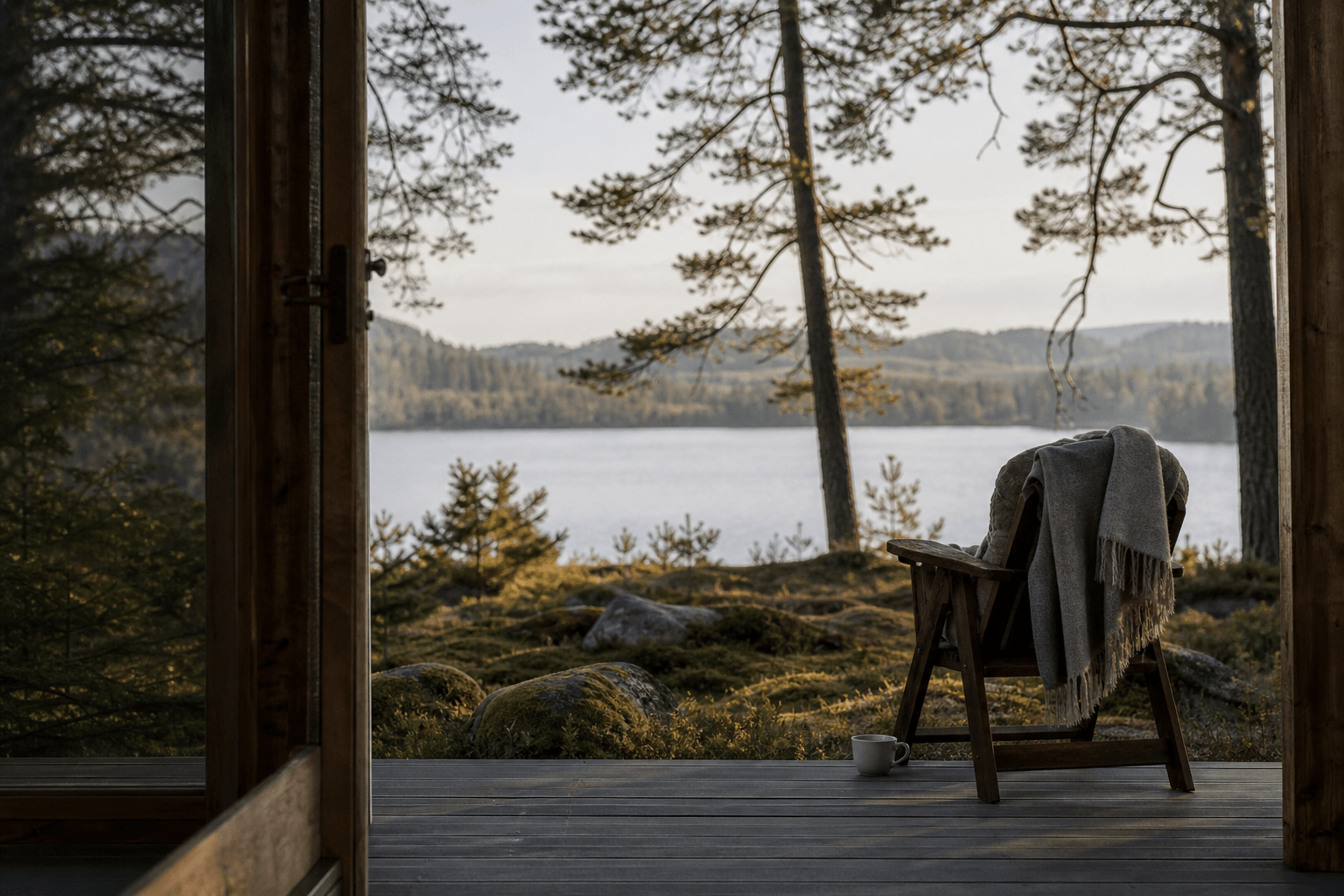 A calm retreat setting suggesting the passing of days, soft light over a quiet landscape