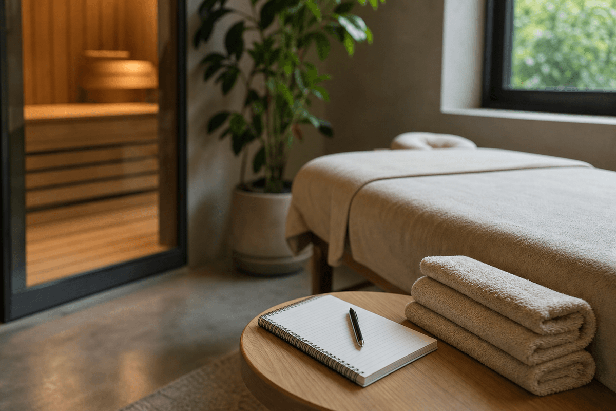 A calm treatment room with a notepad and pen on a side table beside folded towels