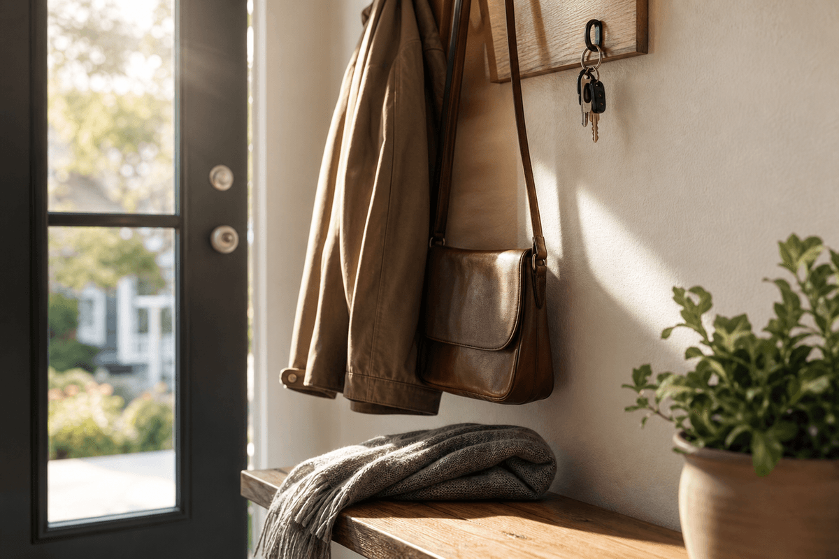 A coat and bag by a front door with morning light and a set of keys on a hook