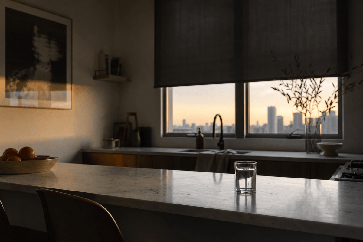 A quiet kitchen at dawn with blackout blinds half drawn and a glass of water