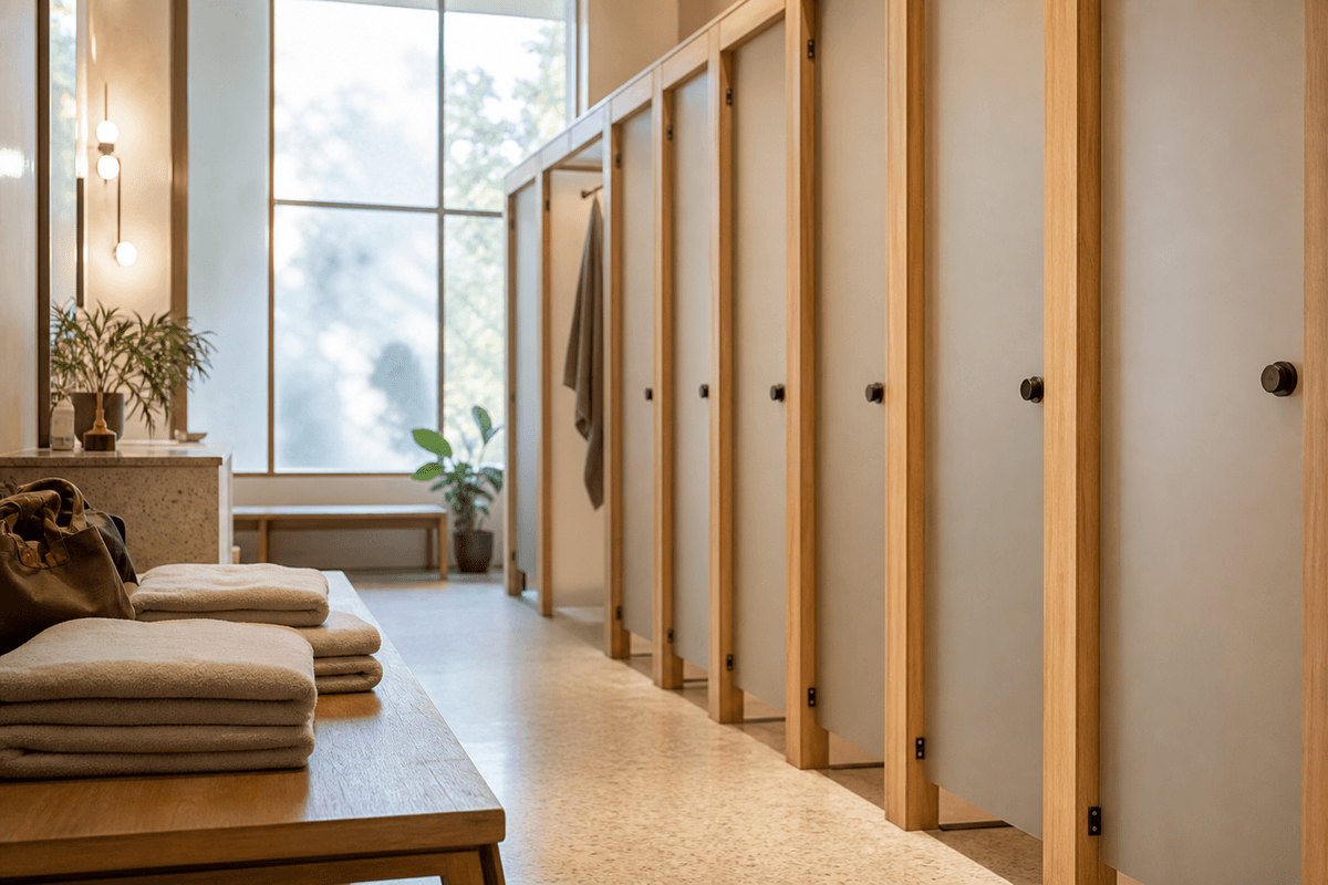 A quiet changing area with private cubicle doors, benches and folded towels