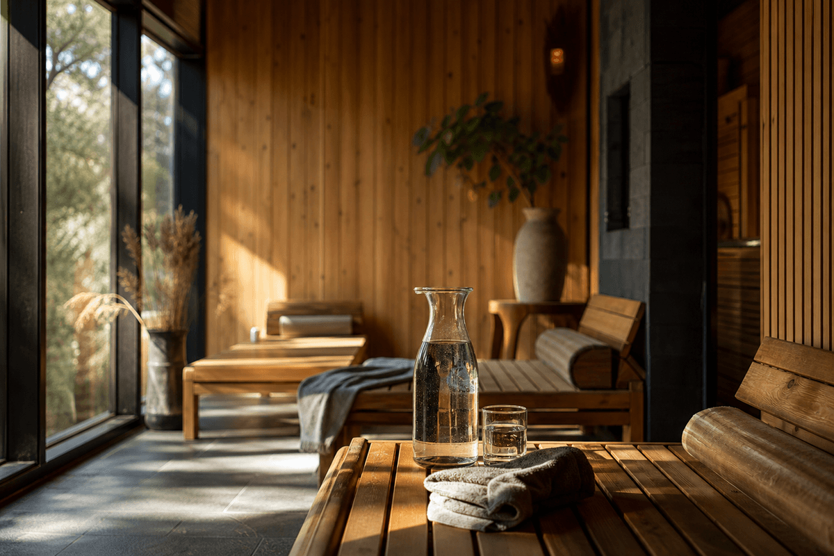 A quiet bathhouse lounge with wooden benches, water carafes and warm daylight