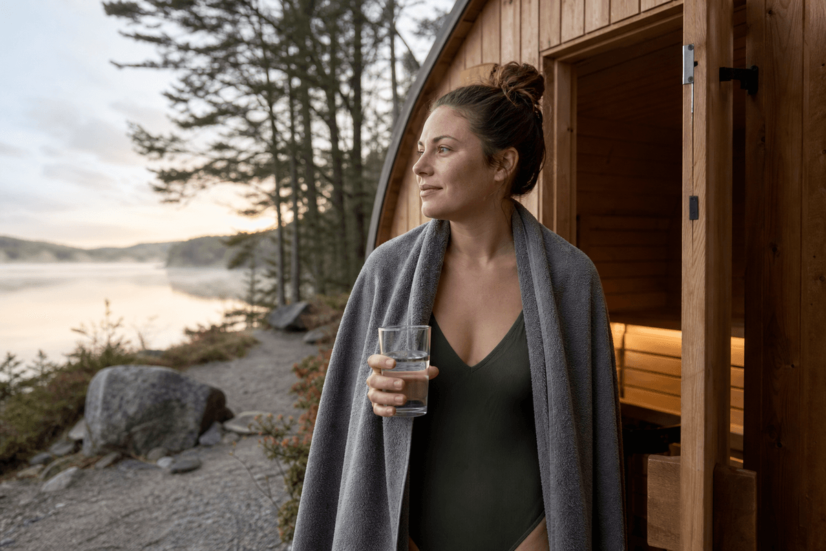 A woman stepping out of a lakeside sauna cabin at dawn with a towel over her shoulders and a glass of water in hand