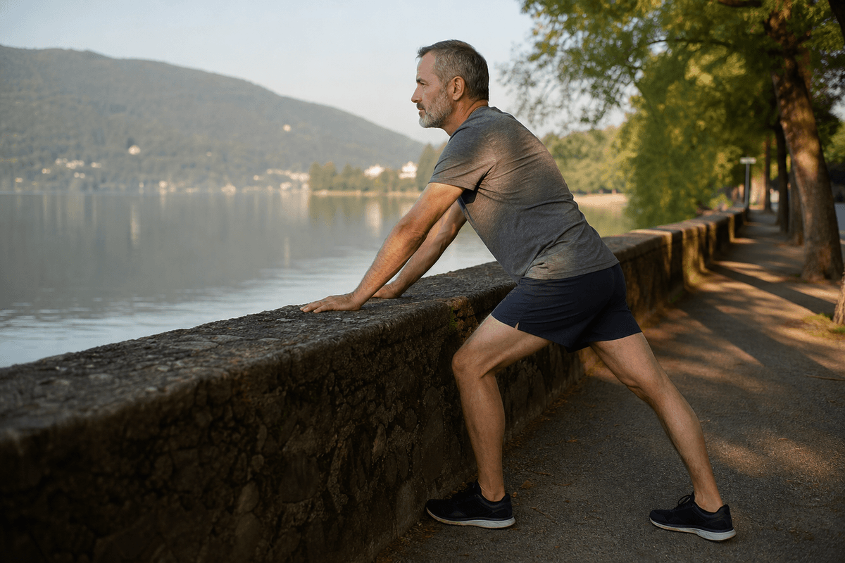 A grey-haired man stretching his calf against a low stone wall on a lakeside path in morning light
