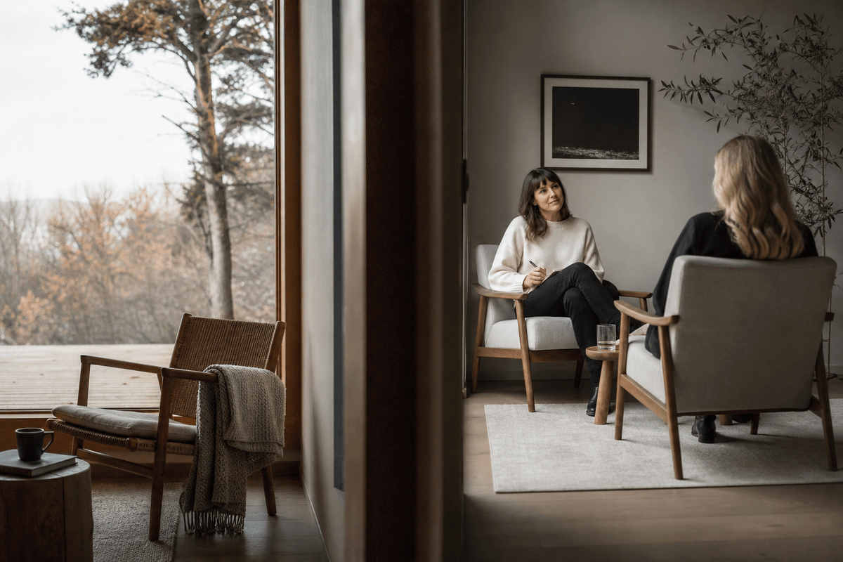 A calm, split scene suggesting a quiet retreat space and a private counseling room, both peaceful