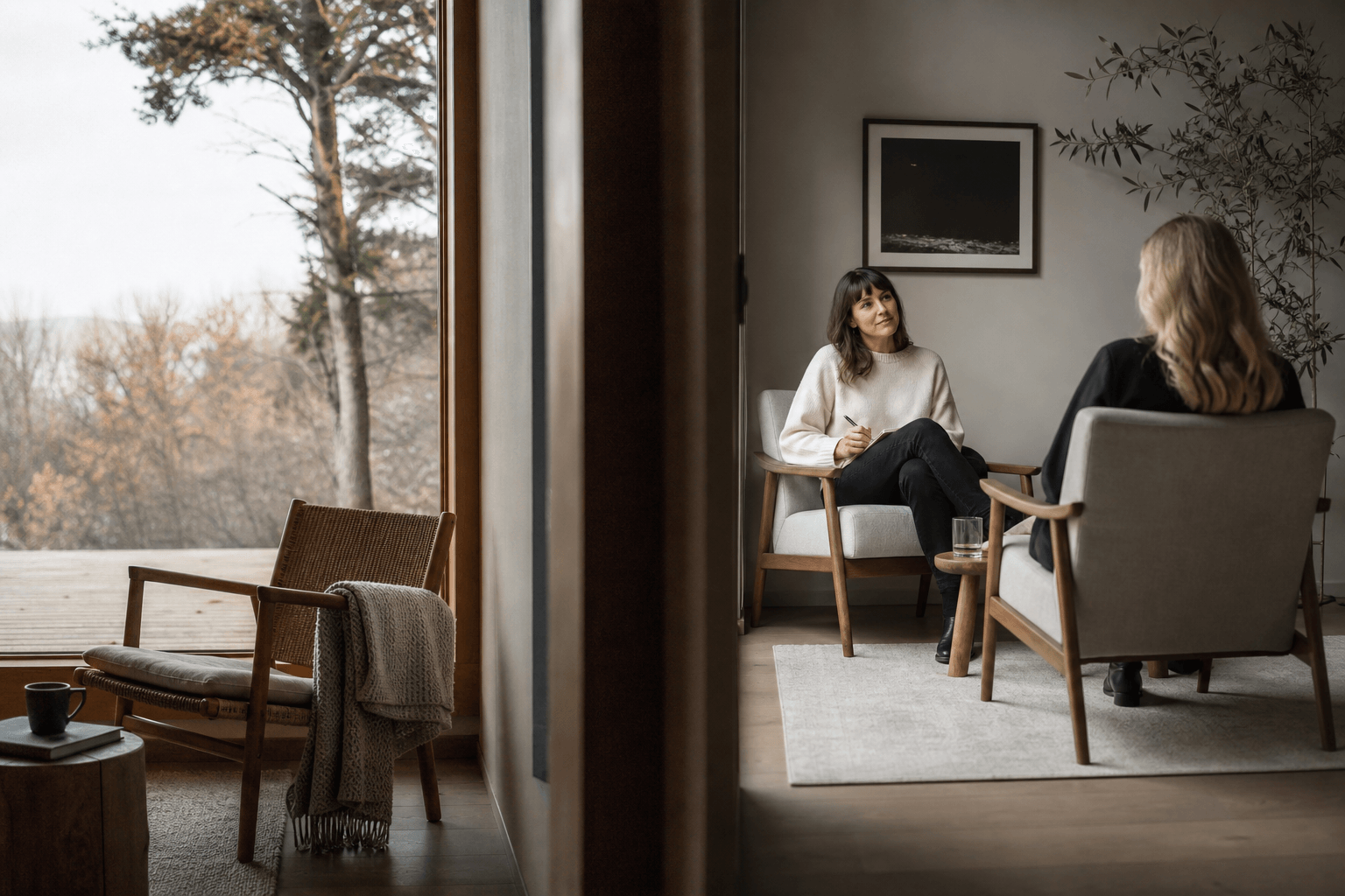 A calm, split scene suggesting a quiet retreat space and a private counseling room, both peaceful