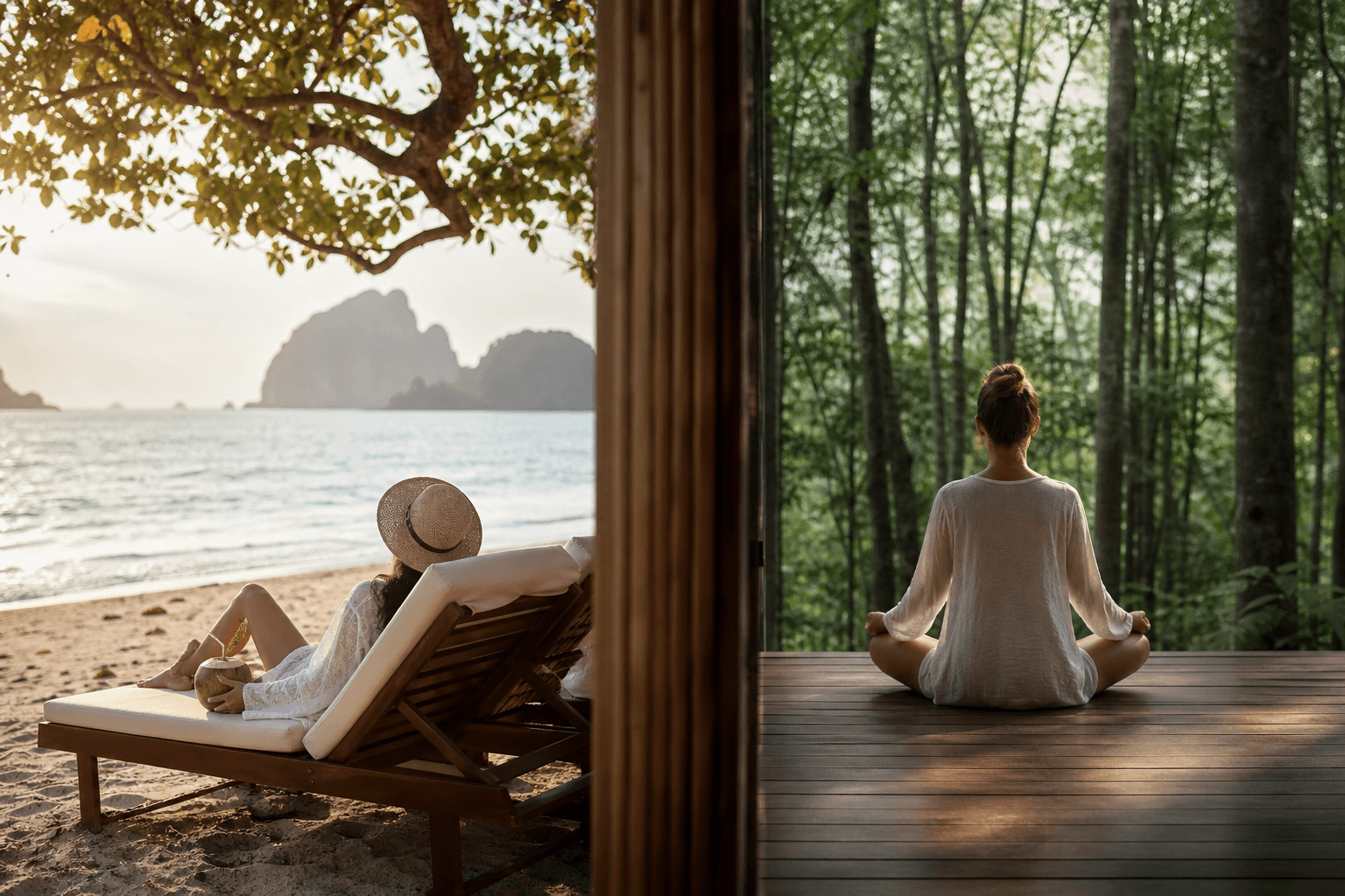 Split calm scene: a relaxed beach lounger on one side and a quiet meditation deck on the other, soft light