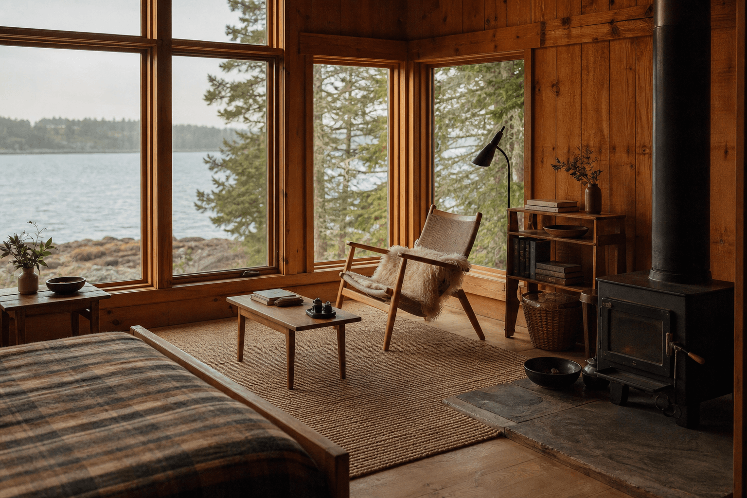 A simple, calm retreat cabin in nature with modest comfortable furnishings and warm light