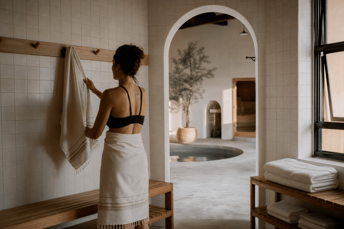 A tiled bathhouse changing area with wooden benches and folded towels