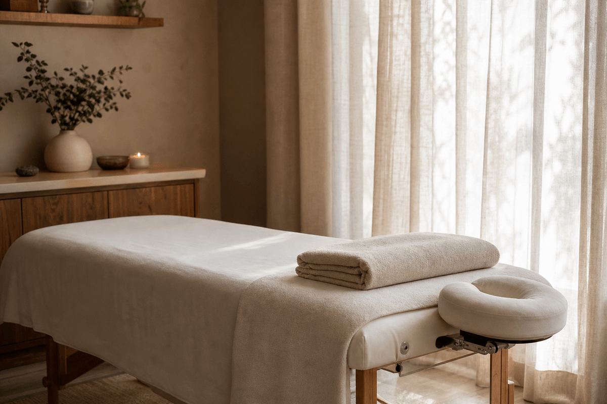 A calm treatment room with a massage table, a folded towel and a face cradle, soft light through a linen curtain