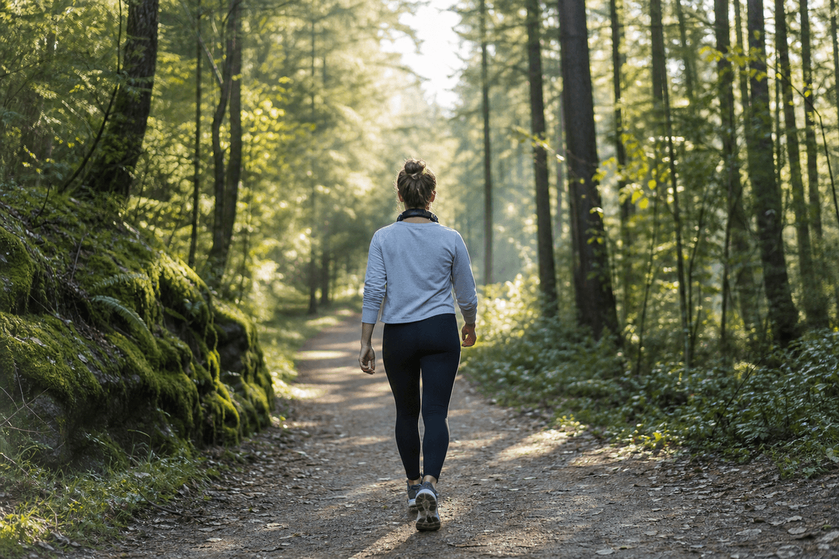 A person walking away along a sunlit forest trail, headphones around the neck, mossy rocks to one side