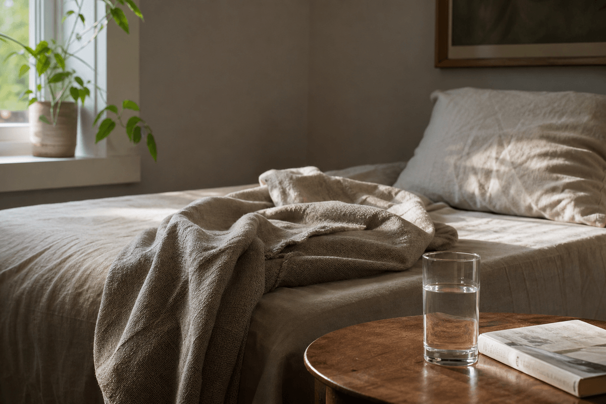 A quiet room with a daybed, a blanket and a glass of water in soft afternoon light
