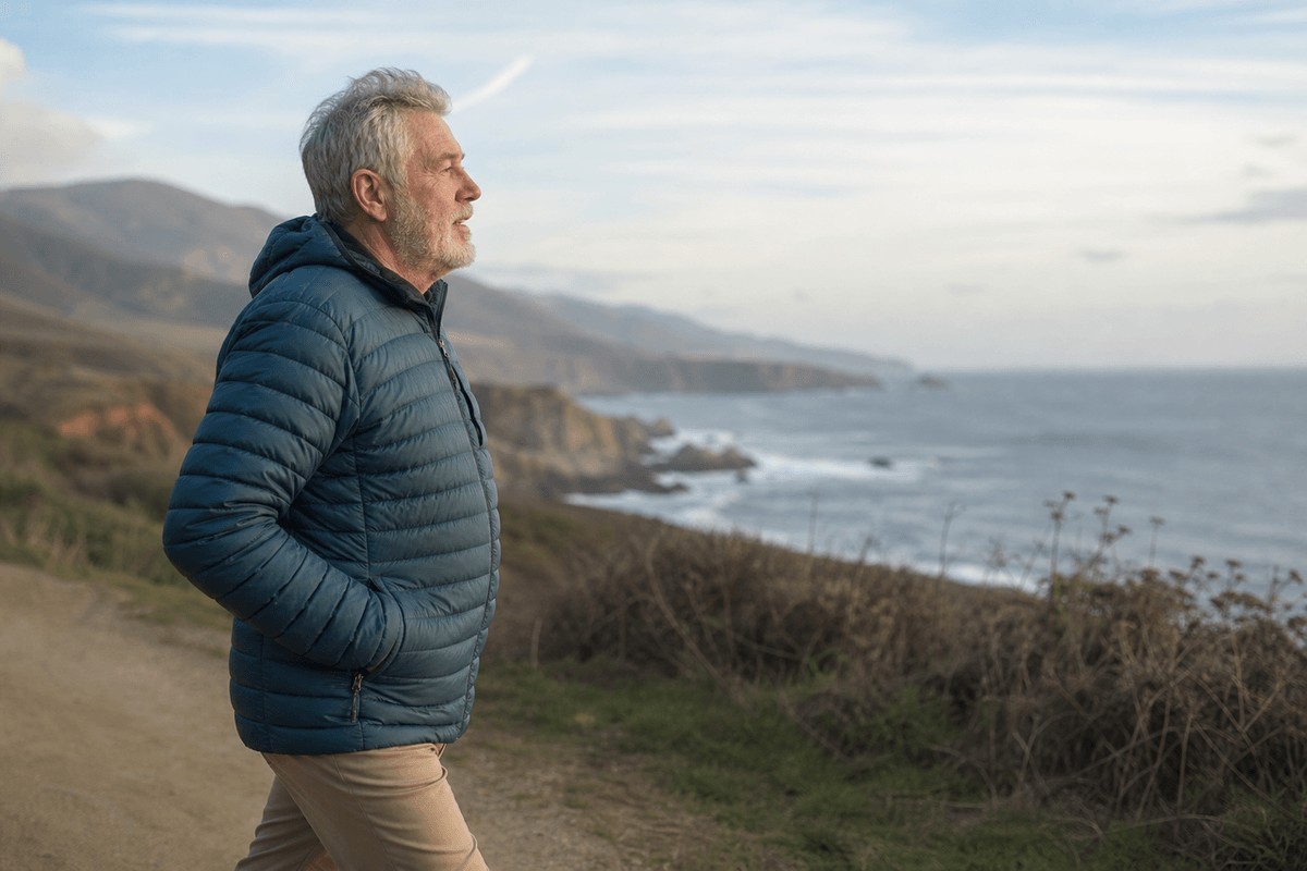 A grey-haired man in a quilted jacket walking along a coastal path in cool clear air, sea and cliffs behind him