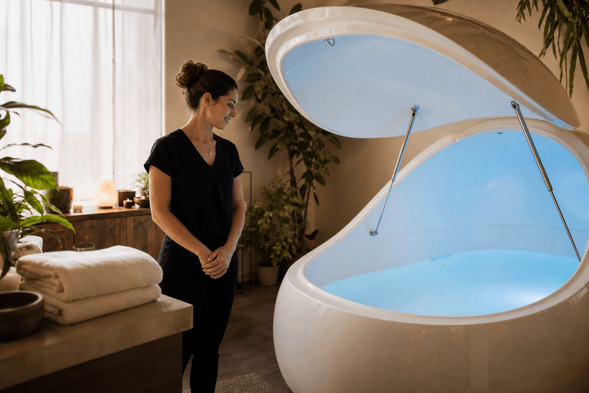 A float centre staff member standing beside an open float pod, folded towels on the counter