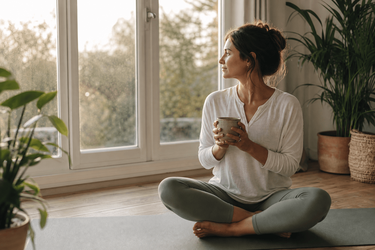 A woman sitting cross-legged on a yoga mat by a bright window, holding a mug of tea and looking outside