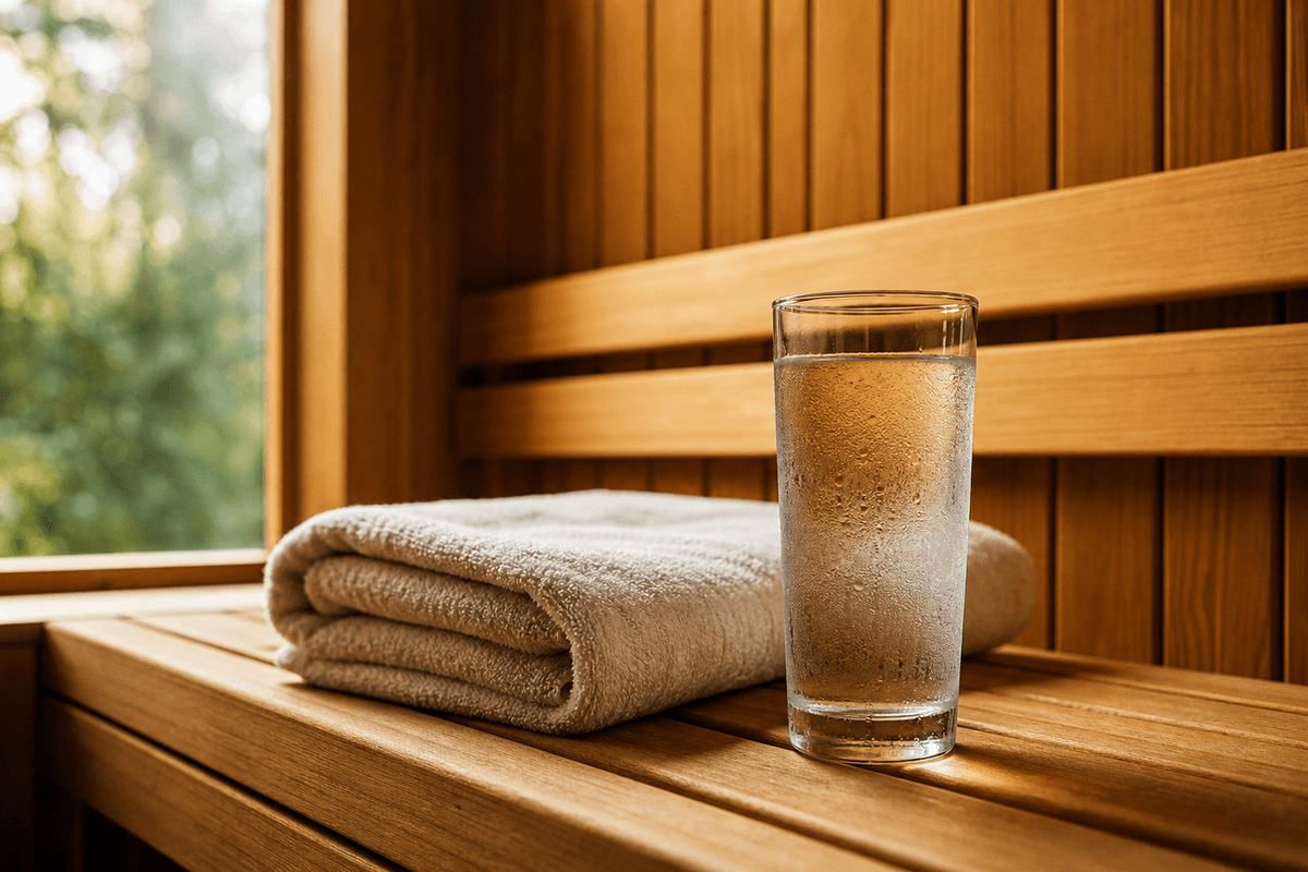 A tall glass of water beaded with condensation beside a folded towel on a cedar sauna bench