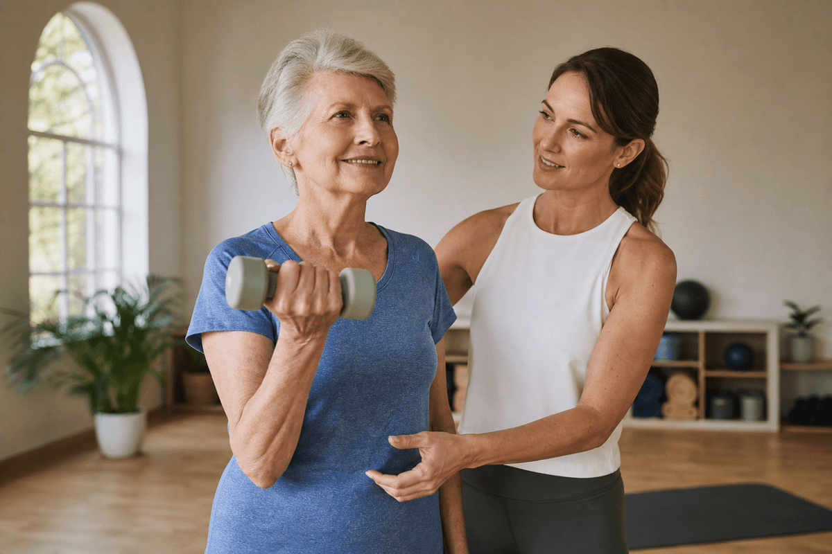 An older woman holding a light dumbbell in a bright studio while an instructor stands beside her