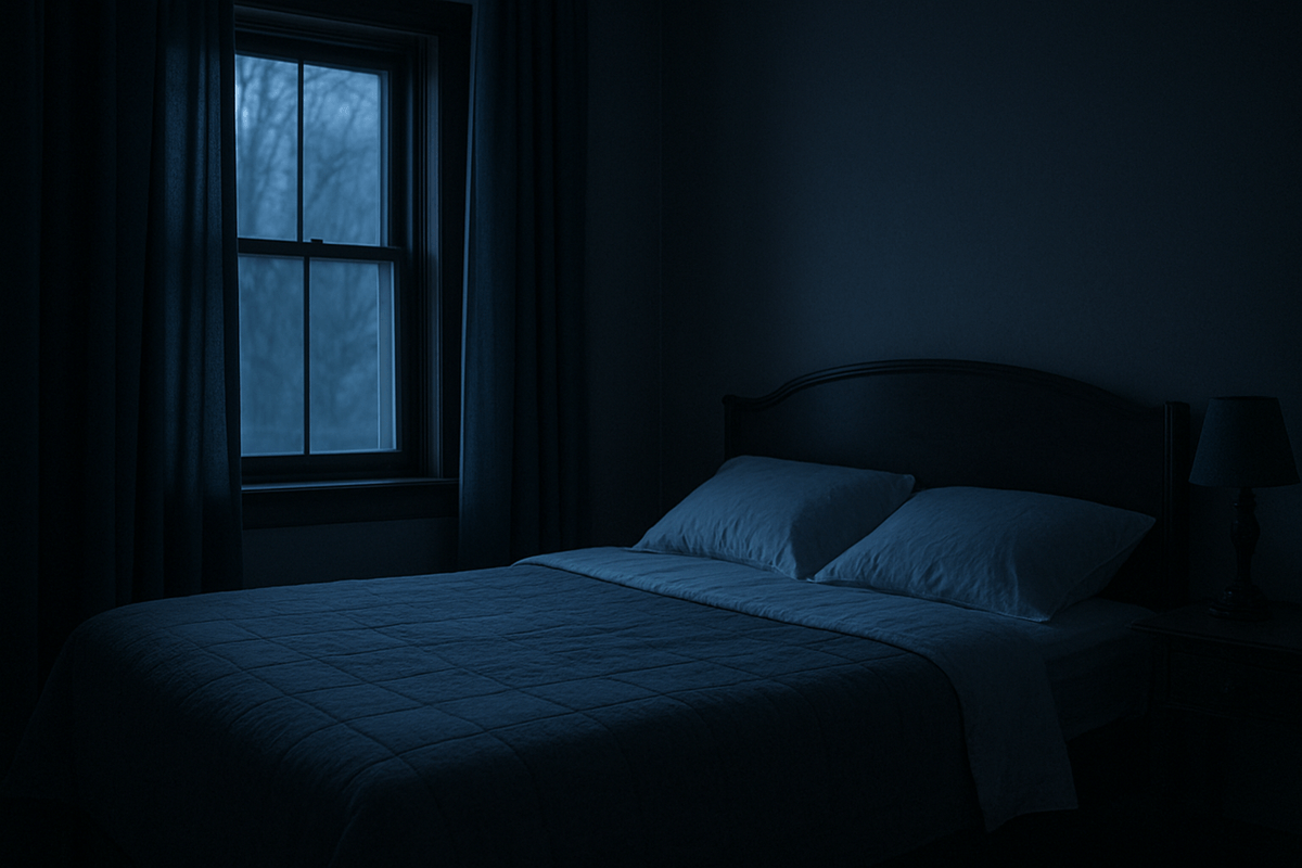 A dark, calm bedroom before dawn with faint light at the window and an empty made bed