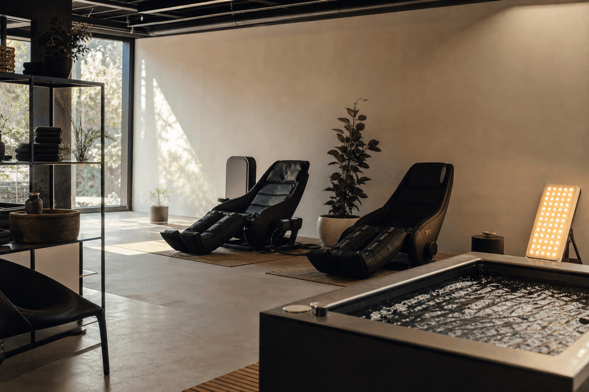 A studio interior with compression boot chairs, a light panel and a cold tub