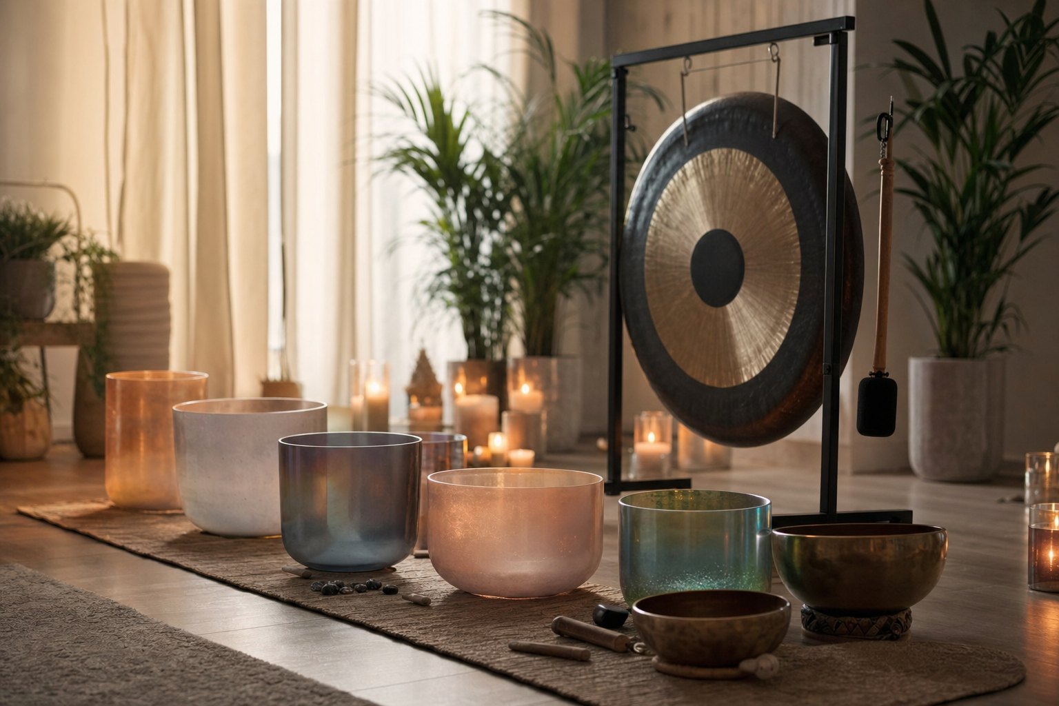 Crystal and metal singing bowls arranged on a mat in a calm, candlelit room