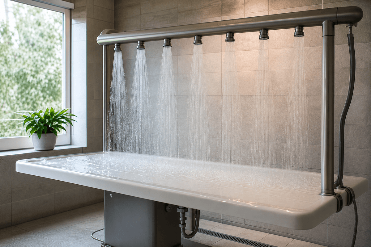 A wet treatment table beneath a horizontal bar of shower heads in a tiled room
