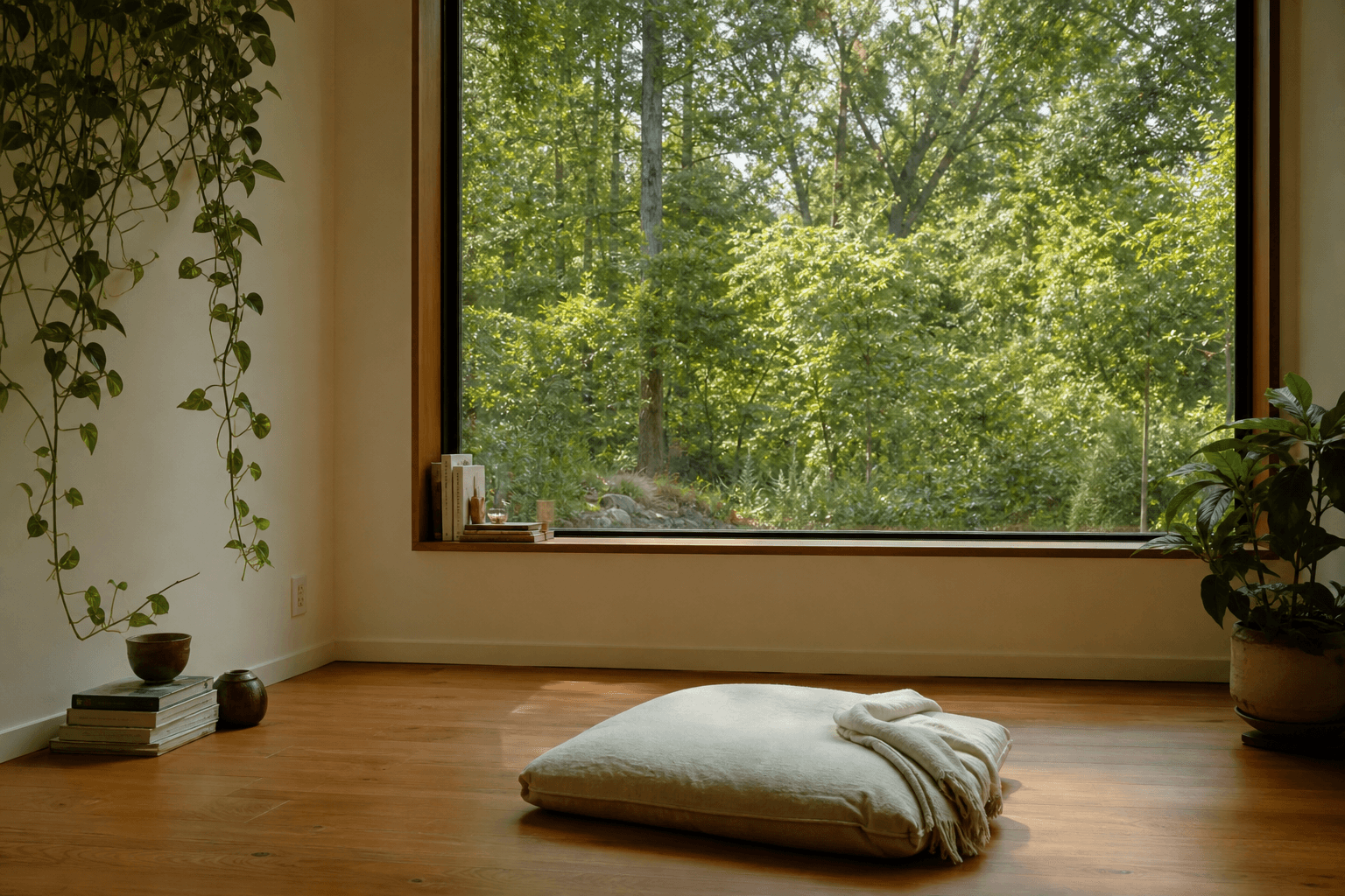 A calm, simple retreat space with natural light, a floor cushion and a window looking out to greenery