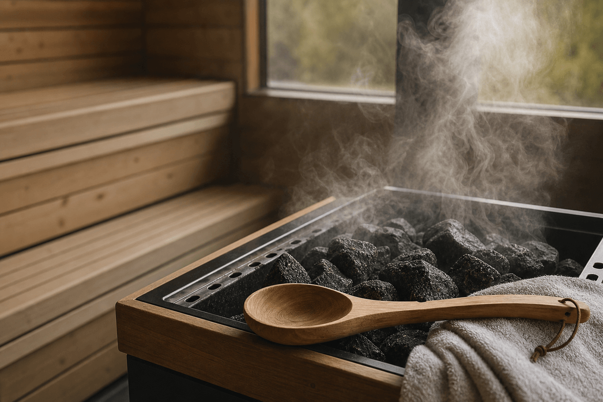 Steam rising from hot sauna stones with a folded towel and a wooden ladle beside them